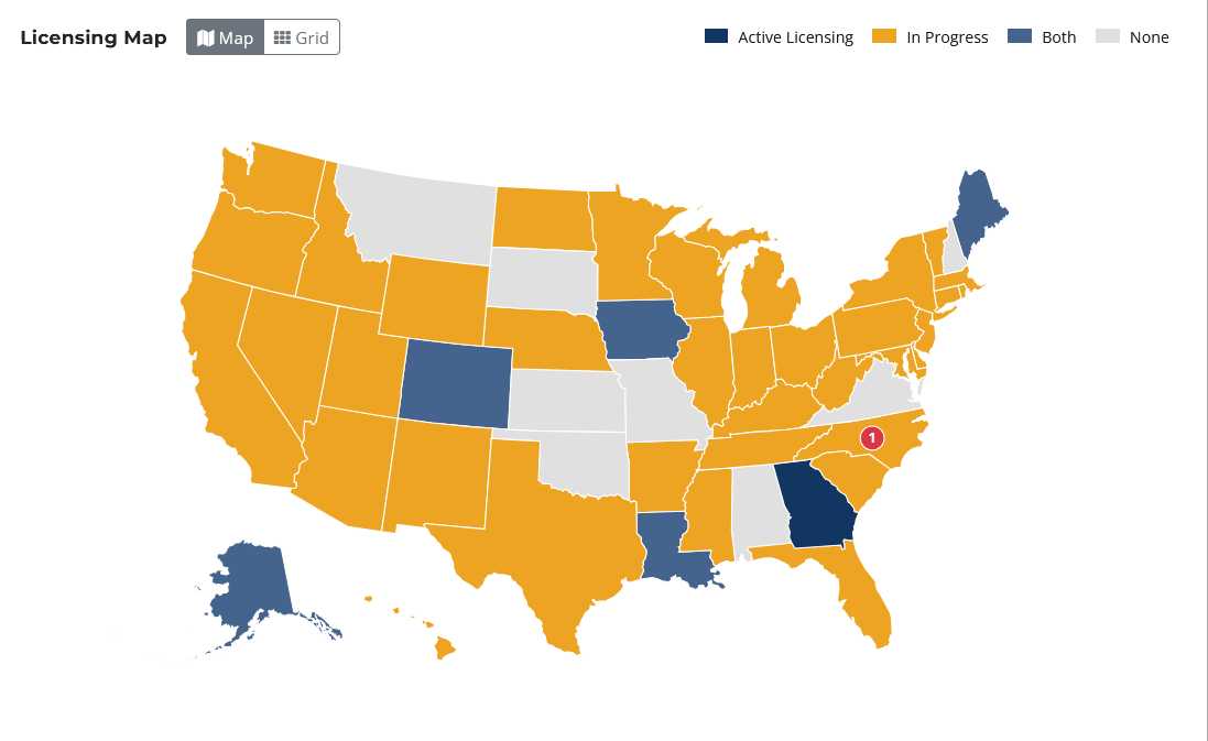 Color-coded Atlas licensing map of the United States, with states marked active licensing, in progress, both, or none.